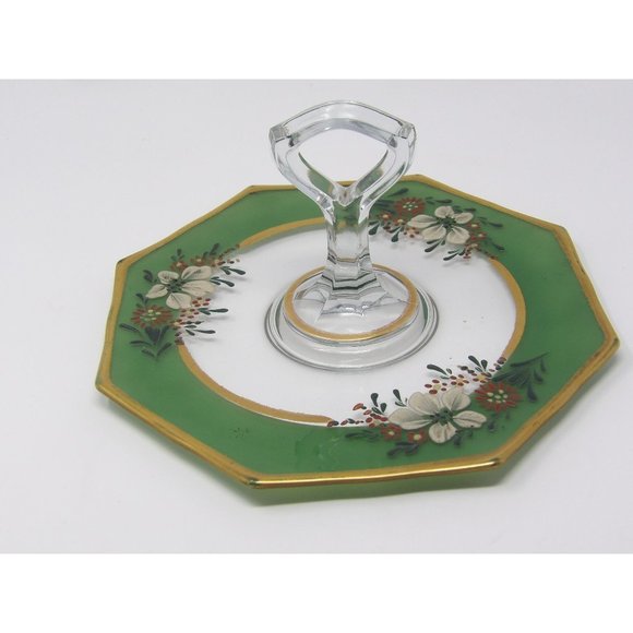 Vintage Glass Tidbit Tray Green and Gold Rimmed with Hand Painted Enamel Flowers - Picture 2 of 10
